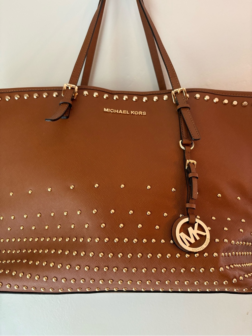 Michael Kors Cognac Leather Studded Tote with Gold Accents - Picture 2 of 9